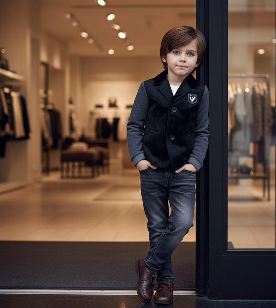 boy wearing white grey velvet blazer stylish casual jacket for kids 3-7 years autumn spring