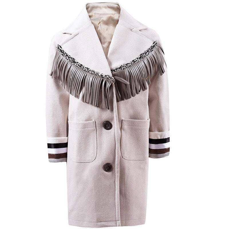 Girls woolen long winter coat in cream and orange for ages 3-12 years, warm lined jacket for autumn and winter 2025