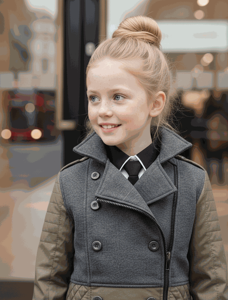 Girls short trench coat in deep green and dark gray color block, stylish autumn winter jacket for girls aged 4-12