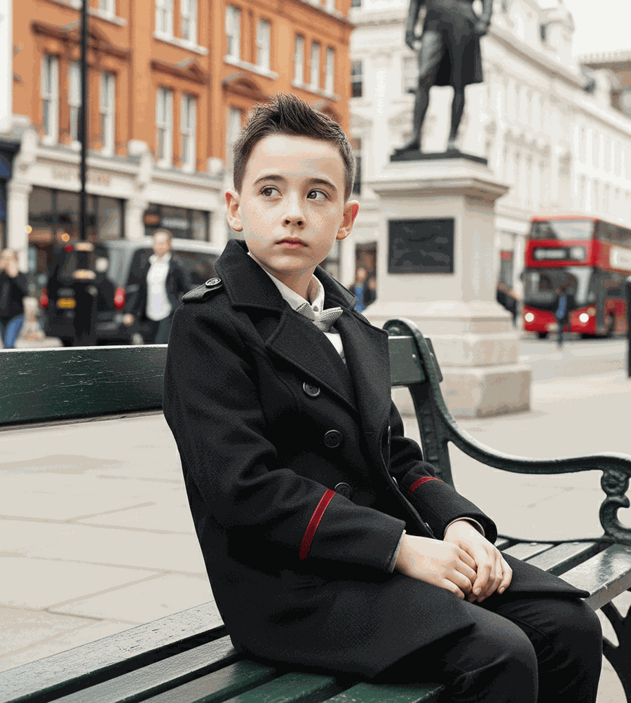 Boy wearing a boys military style wool jacket with double-breasted front and decorative buttons