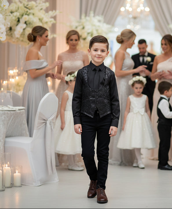 Boys black brocade waistcoat with tailored fit and button-front closure for formal occasions
