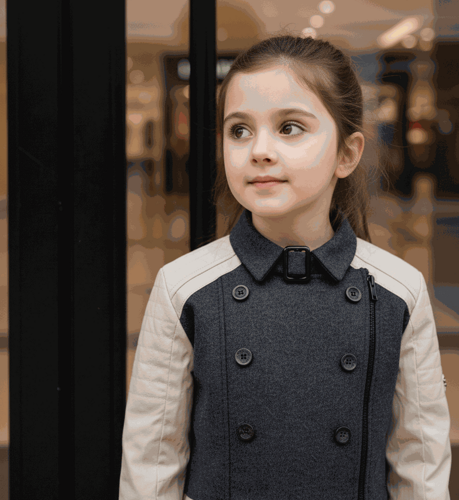 Girls Color Block Trench Coat in beige and dark gray for autumn kids aged 4-12