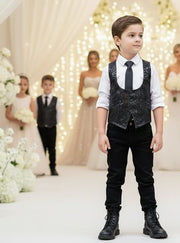 Boys black brocade waistcoat with tailored fit and classic V-neck for formal occasions