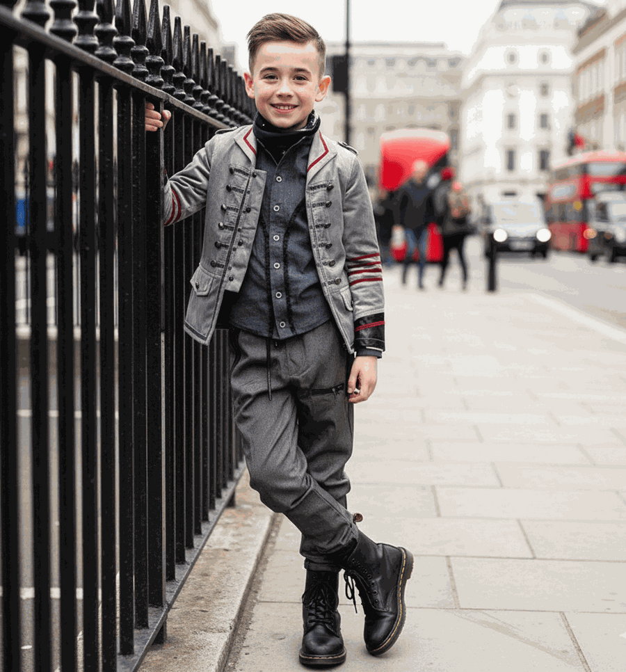 Boy wearing kids military-style cotton trench coat casual jacket outdoors