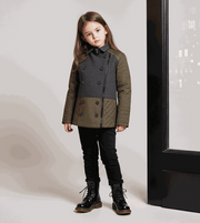 Girls short trench coat in deep green and dark gray color block design for autumn winter ages 4-12