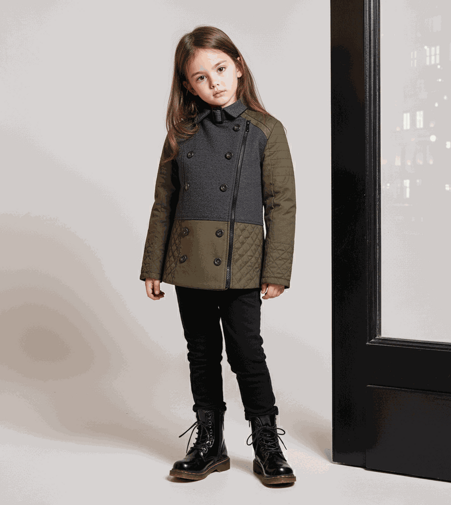 Girls short trench coat in deep green and dark gray color block design for autumn winter ages 4-12