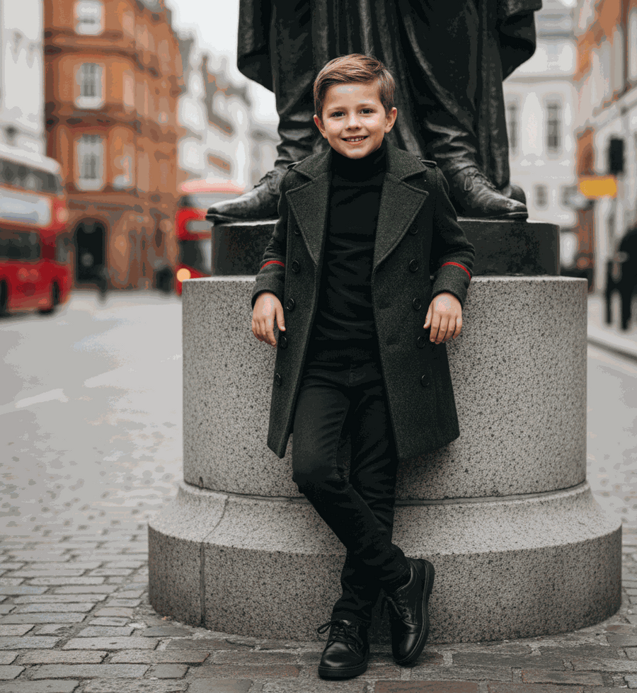 Boy wearing military style wool jacket, double-breasted cashmere look coat for kids aged 3-10 years