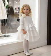 White vintage flower girl dress with jacquard satin bodice and layered tulle skirt for weddings and special occasions