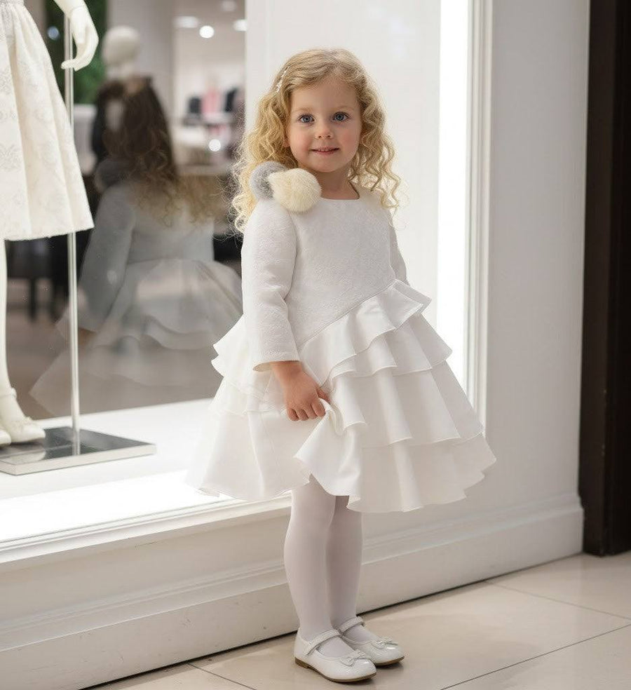 White vintage flower girl dress with jacquard satin bodice and layered tulle skirt for weddings and special occasions