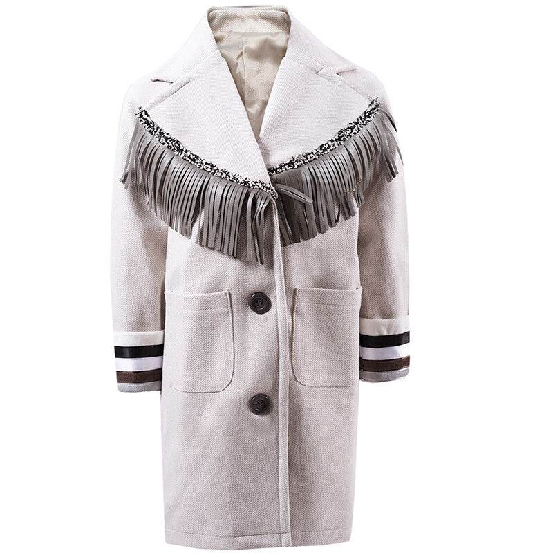 Cream orange girls woolen long winter coat for ages 3-10 with button closure and full lining