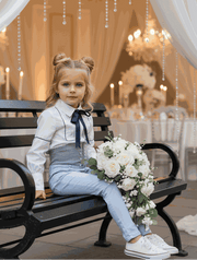 Children wearing kids high waist denim jeggings in various casual and smart outfits