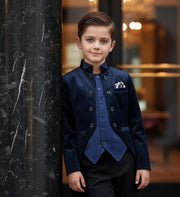 Boys navy velvet tuxedo blazer with satin lapel, slim fit formal jacket for ages 3-7