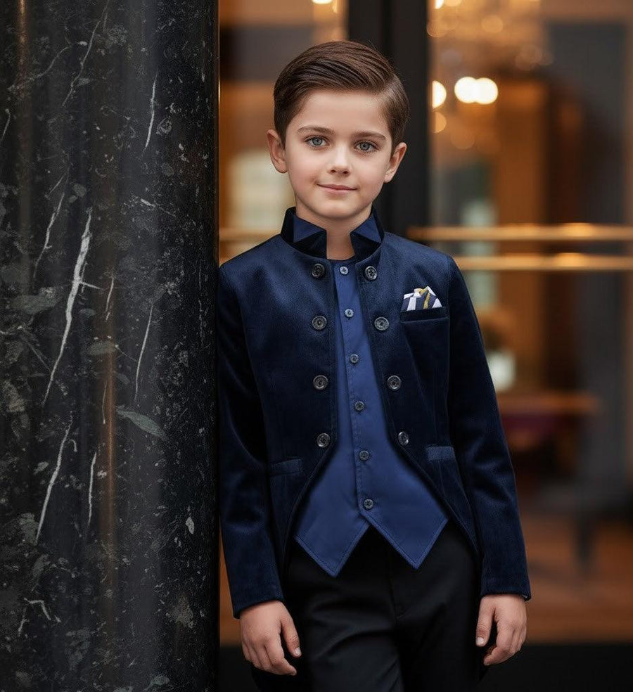 Boys navy velvet tuxedo blazer with satin lapel, slim fit formal jacket for ages 3-7