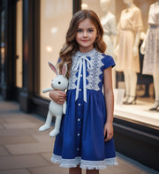 Girls Royal Blue Lace Occasion Dress – Vintage A-Line Cotton Dress for Weddings, Parties & Holiday Events (Ages 3–5)