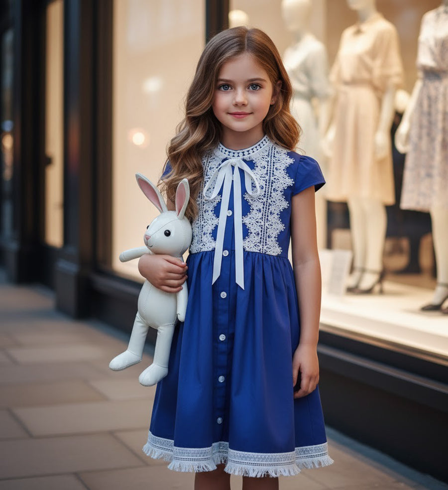 Girls Royal Blue Lace Occasion Dress – Vintage A-Line Cotton Dress for Weddings, Parties & Holiday Events (Ages 3–5)