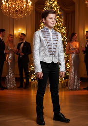 Luxury Boys Brocade Tailcoat Suit – Silver Page Boy Tuxedo Set for Wedding & Formal Occasions (Ages 6–14)