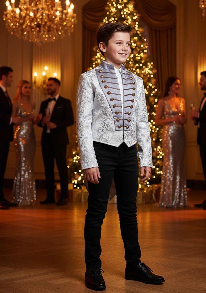 Luxury Boys Brocade Tailcoat Suit – Silver Page Boy Tuxedo Set for Wedding & Formal Occasions (Ages 6–14)