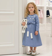 Girls vintage blue cotton dress with soft lining and elegant long princess silhouette for ages 3–10