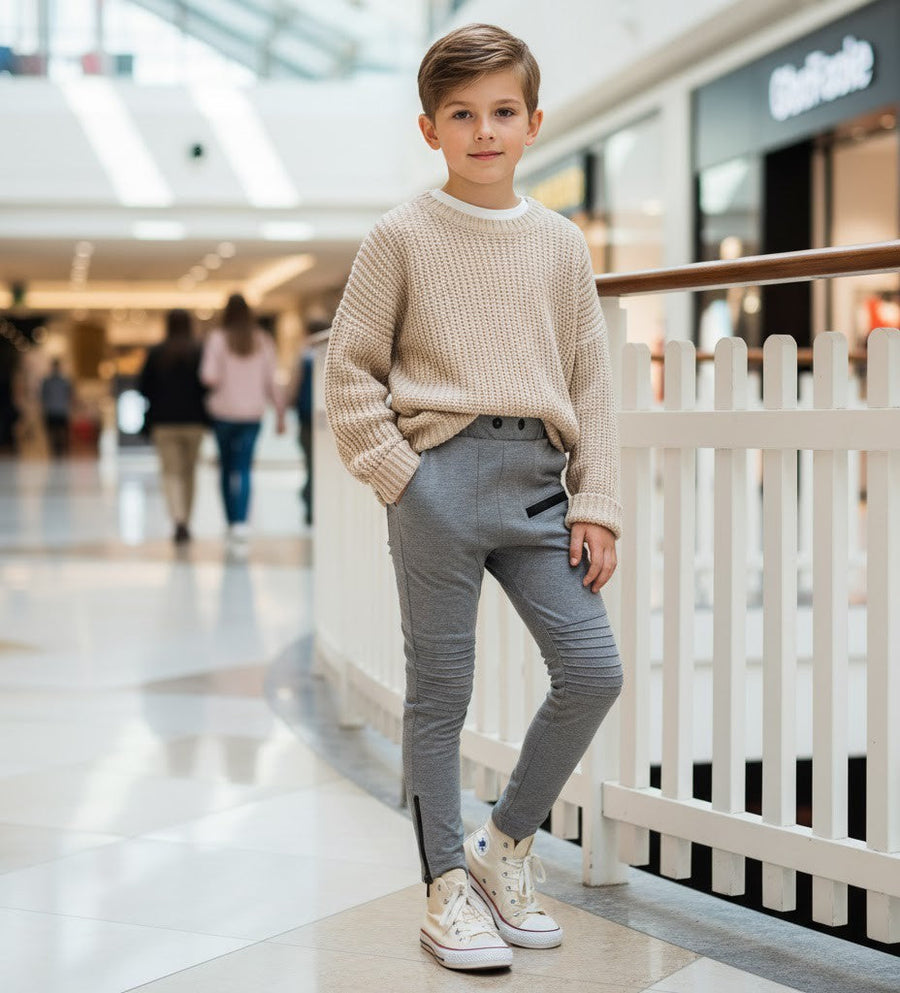 Boys slim fit gray knit pants with stretch fabric and elastic waistband for ages 4-12 years