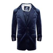 Boy wearing navy velvet blazer aged 6-9, elegant tailored fit with soft texture for formal and everyday occasions