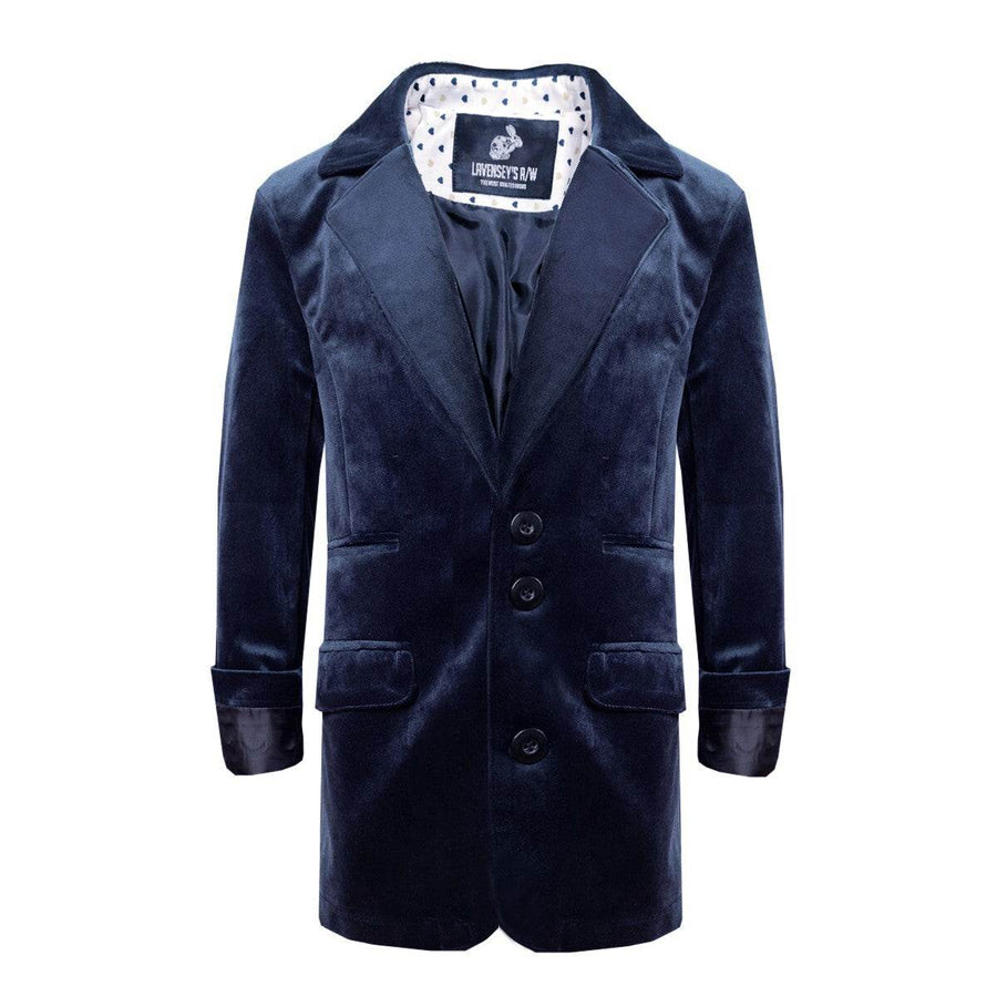 Boy wearing navy velvet blazer aged 6-9, elegant tailored fit with soft texture for formal and everyday occasions