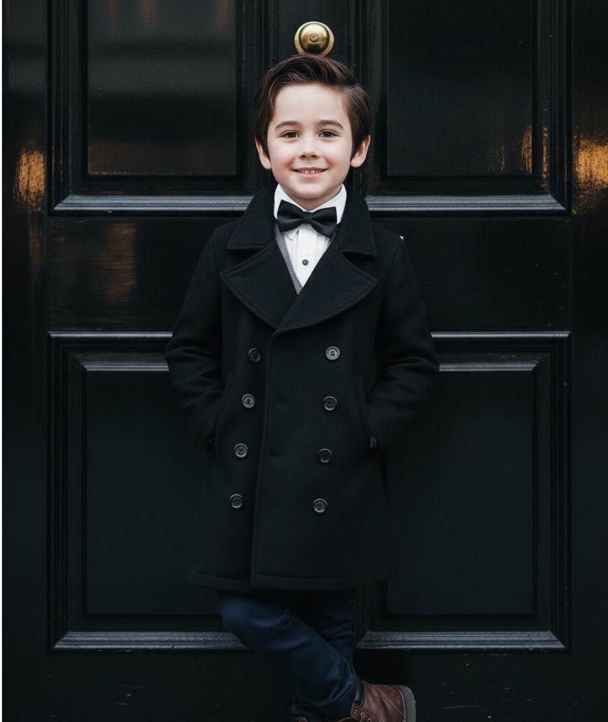 Boys black cashmere coat stylish vintage wool blend outerwear for ages 3-12