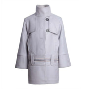 Girl wearing a stylish high-neck autumn winter coat in blue cotton blend, ages 3-10, double-breasted design