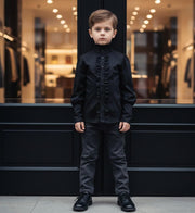 Boys black cotton shirt with vintage prince collar, long sleeves, and tailored fit for formal and smart casual occasions.