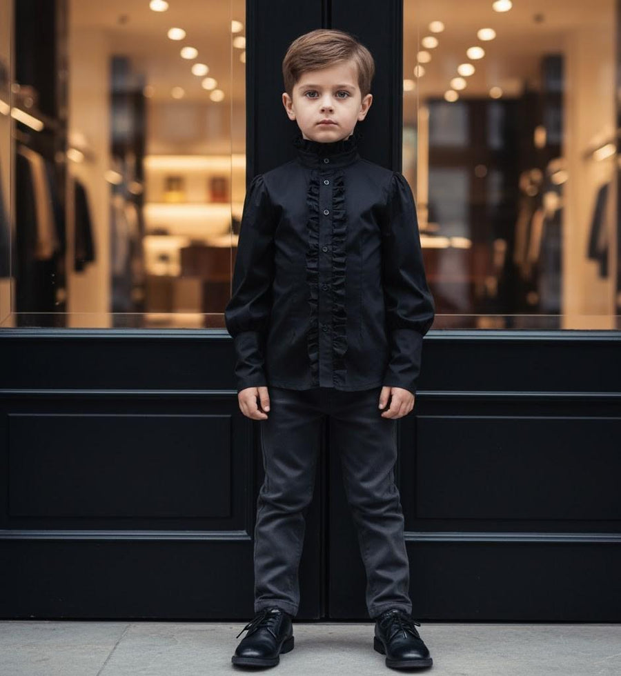 Boys black cotton shirt with vintage prince collar, long sleeves, and tailored fit for formal and smart casual occasions.