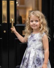 Girls smoke grey floral sleeveless A-line dress with elegant bow for flower girl and special occasions