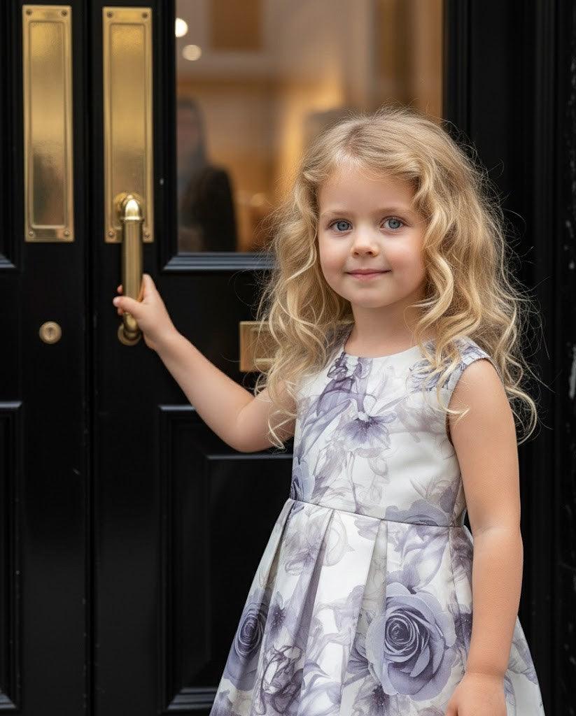 Girls smoke grey floral sleeveless A-line dress with elegant bow for flower girl and special occasions
