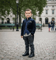 Boys navy velvet tuxedo blazer with satin lapel, slim fit formal jacket for ages 3-7