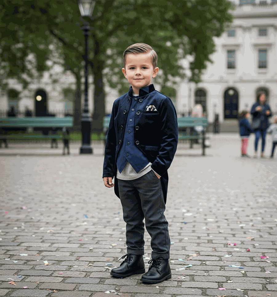 Boys navy velvet tuxedo blazer with satin lapel, slim fit formal jacket for ages 3-7
