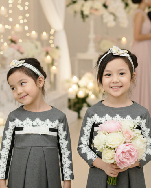 Girls Vintage Lace Dress with 3/4 Sleeves – Elegant A-Line Party & Flower Girl Dress for Weddings & Occasions (Ages 3–9)