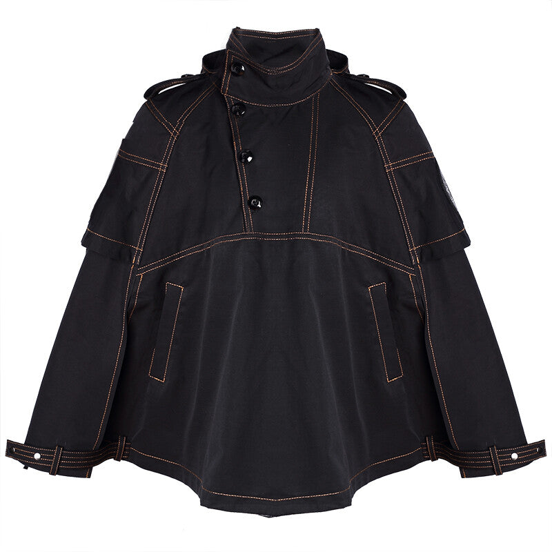 Boy wearing black deluxe superhero cape coat for kids aged 3-5 years outdoors winter costume