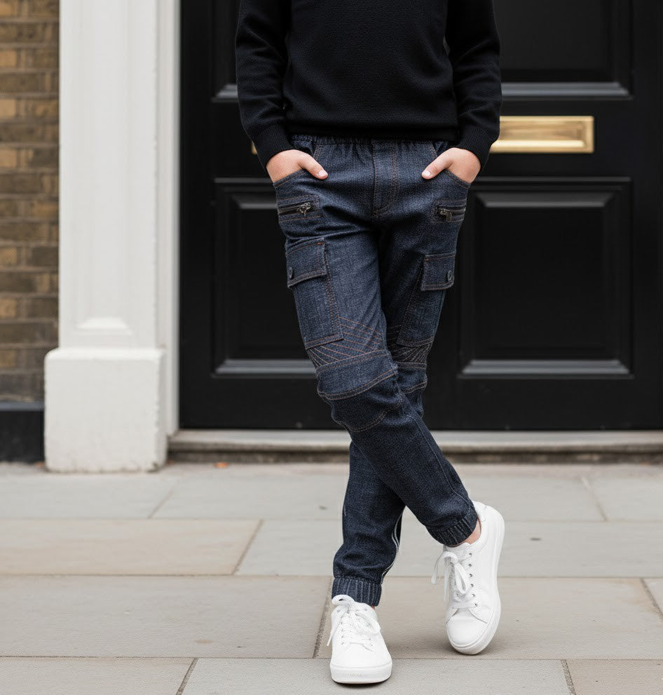 Boys stretch denim casual jeans in navy blue and black cotton trousers for ages 4 to 12 years