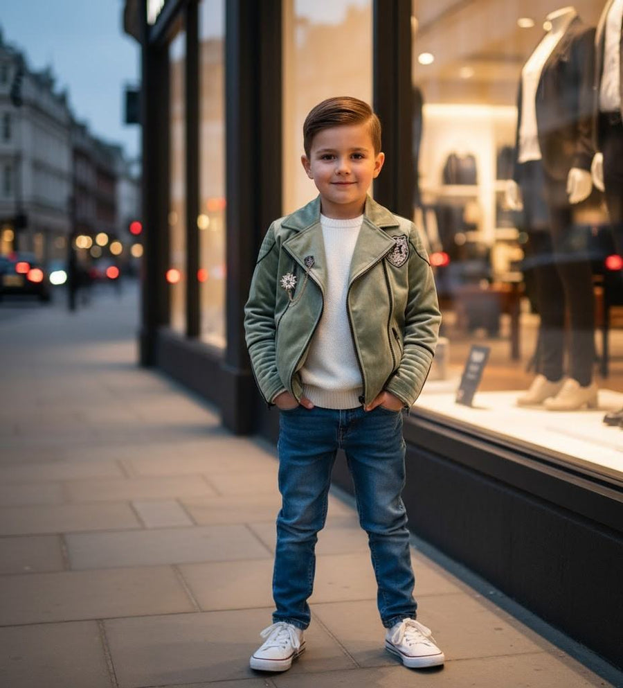 Boys' velvet jacket in light grey with green sleeves, stylish fall/winter casual wear for boys aged 3-10 years
