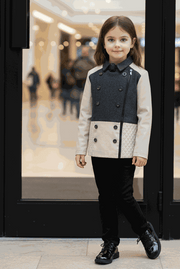 Girls Color Block Trench Coat in beige and dark gray for autumn winter kids aged 4-12