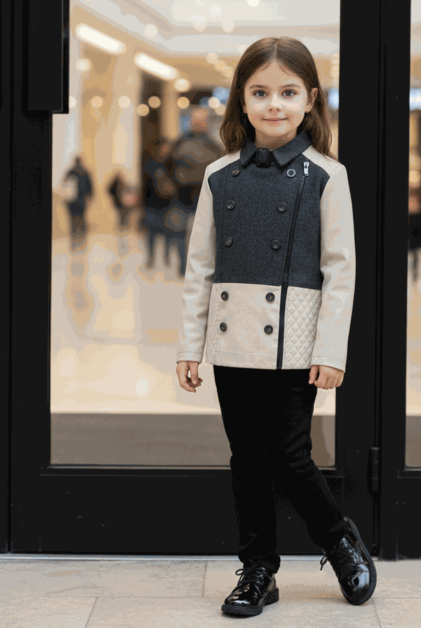 Girls Color Block Trench Coat in beige and dark gray for autumn winter kids aged 4-12