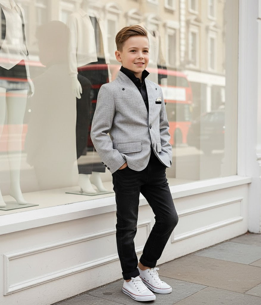 Grey V-Neck Blazer for Boys – A Refined Jacket for Ceremonies & Everyday Elegance (Ages 3–9)