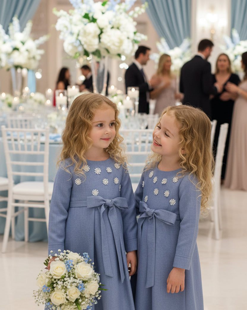 Girls vintage blue cotton dress with lining, long elegant princess style for ages 3-10
