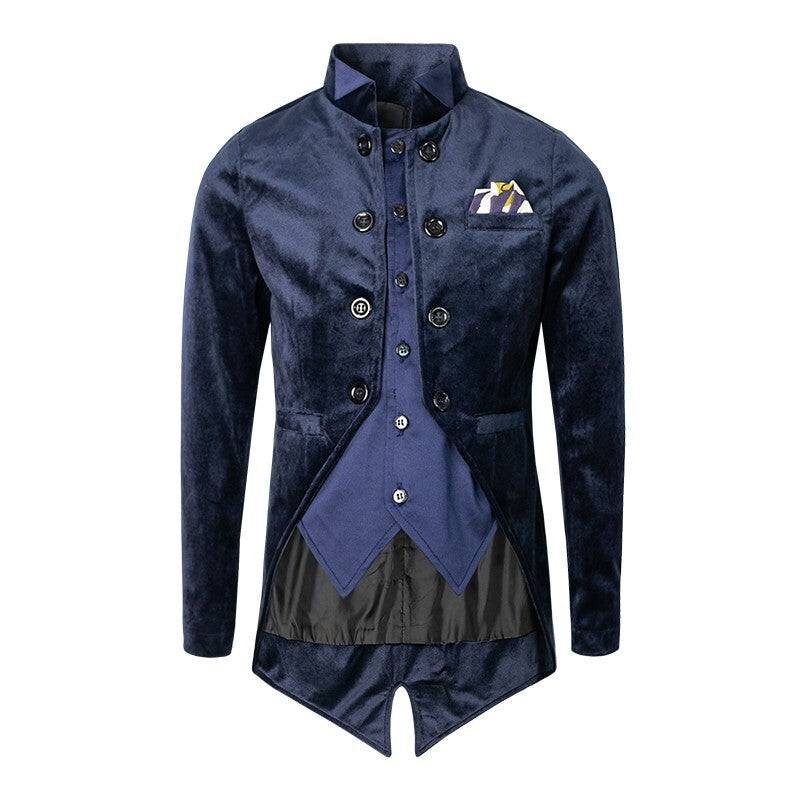 Boys navy velvet tuxedo blazer with satin lapel and slim fit for formal occasions ages 3-7