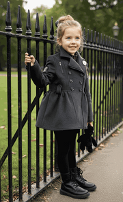 Toddler girl wearing a warm long plaid wool-blend winter coat with button closure and soft lining