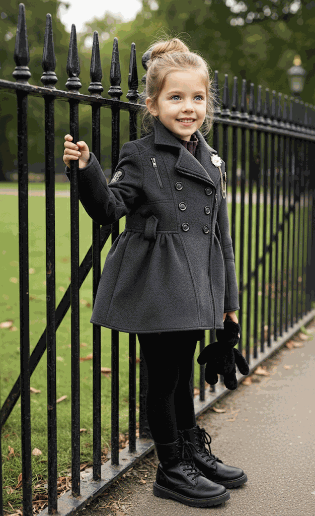 Toddler girl wearing a warm long plaid wool-blend winter coat with button closure and soft lining