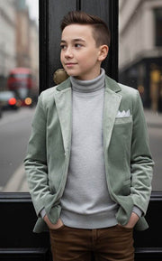 Boys green matte velvet blazer with modern tailored fit for smart casual and formal occasions