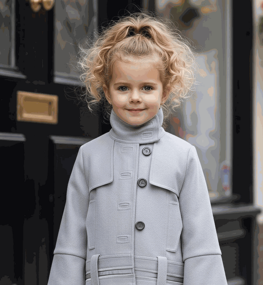 Girl wearing blue high-neck autumn winter coat with double-breasted design for ages 3-10 years