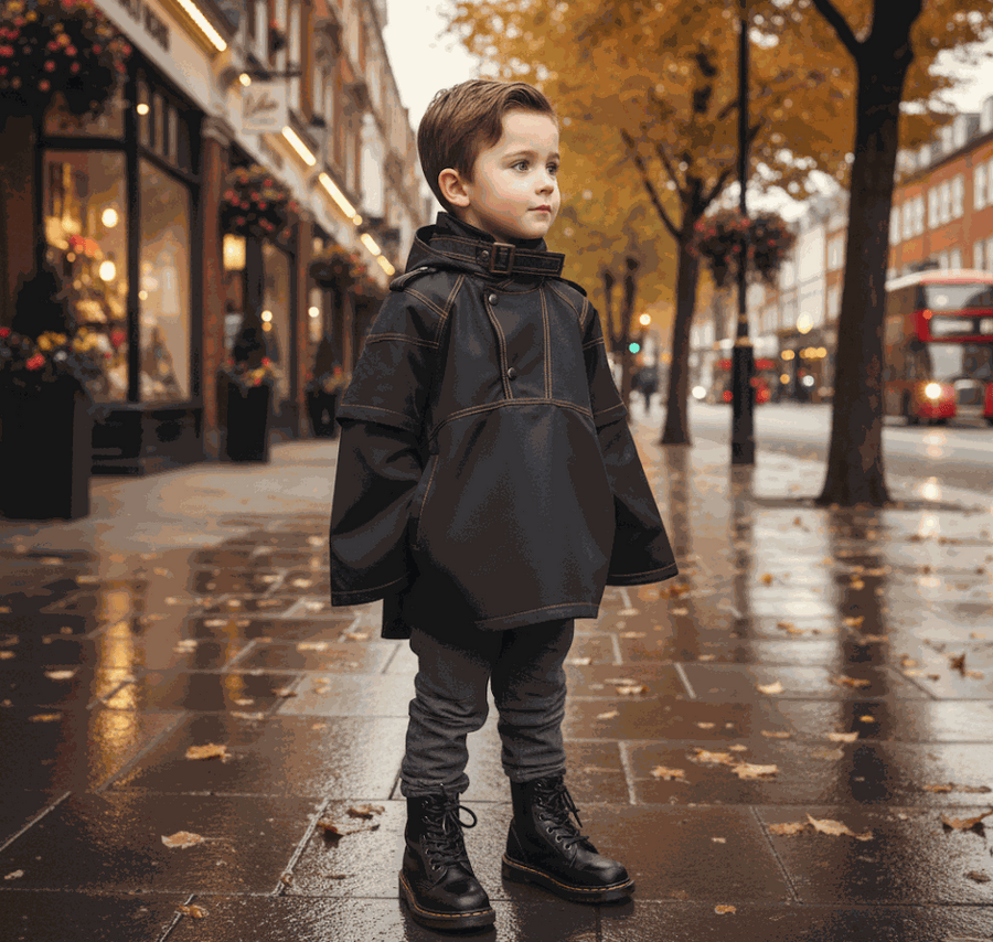 Boy wearing black deluxe superhero cape coat for kids 3-5 years winter costume