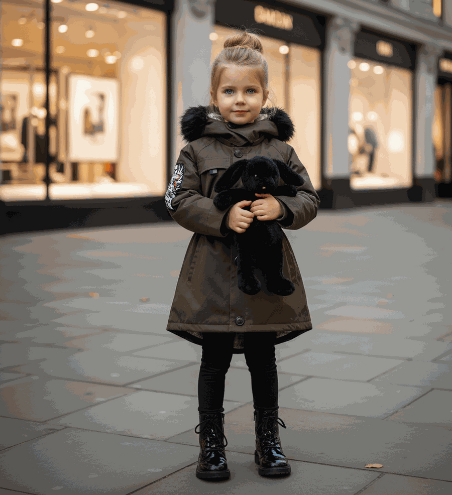 Girls' long padded winter coat with faux fur hood for ages 2-7 years