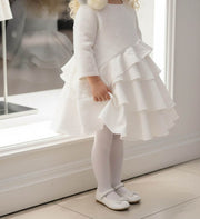 Vintage white flower girl dress with jacquard satin bodice and layered tulle skirt for weddings and special occasions