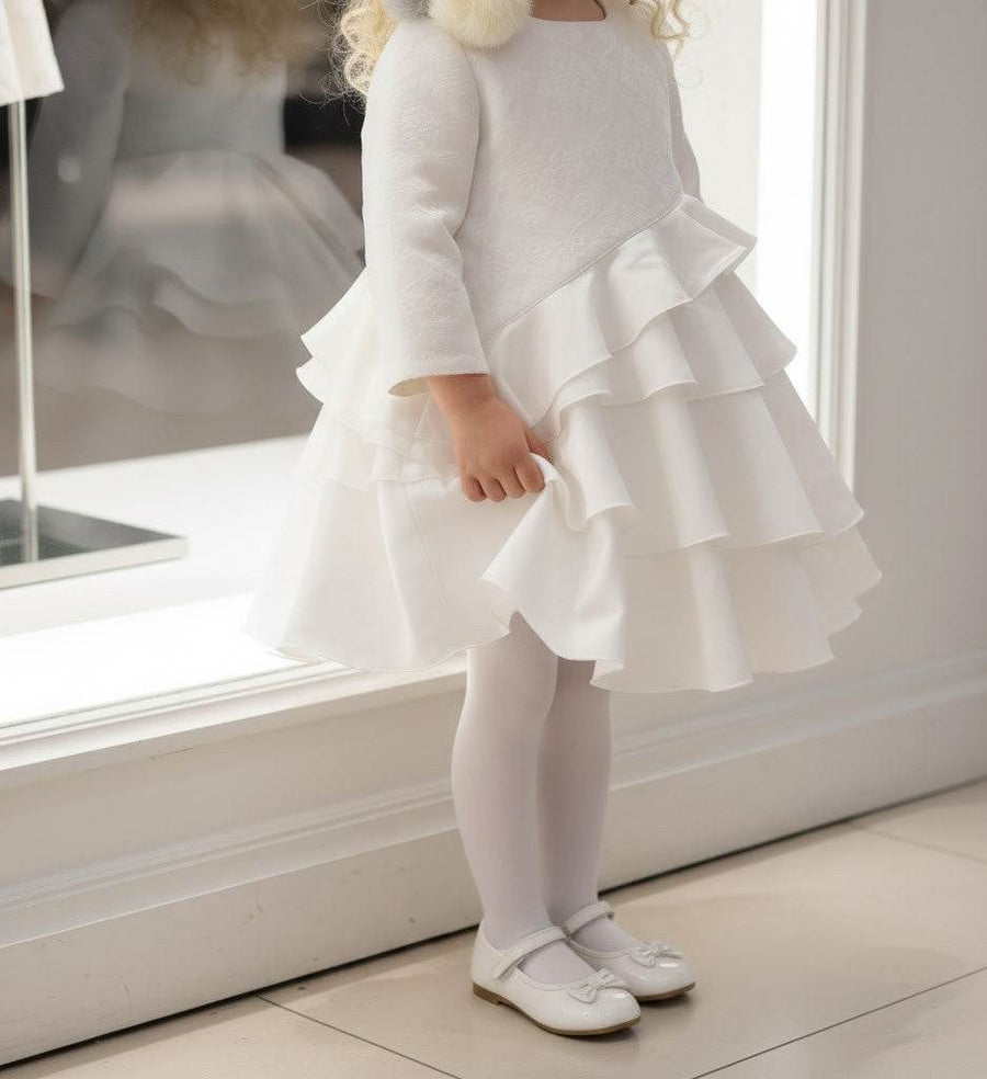 Vintage white flower girl dress with jacquard satin bodice and layered tulle skirt for weddings and special occasions